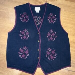 Vintage 90s Woman's Hand Embroidered Sweater Vest Cottage Core Grandma Floral